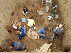 Расчистка аристократического скифского погребения на дне могильной ямы, обнаруженной после снятия насыпи кургана