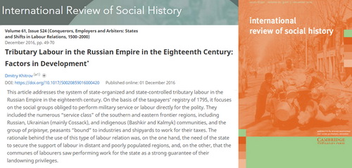 Статья Д.А.Хитрова "Тributary Labour in the Russian Empire in the Eighteenth Century: Factors in Development"